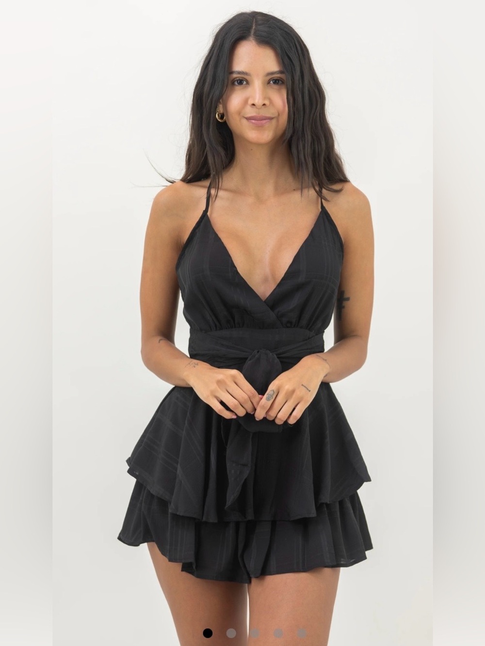 Edite Mode Fashion Strap Black Checkered Tie Up Ruffle Romper Size S